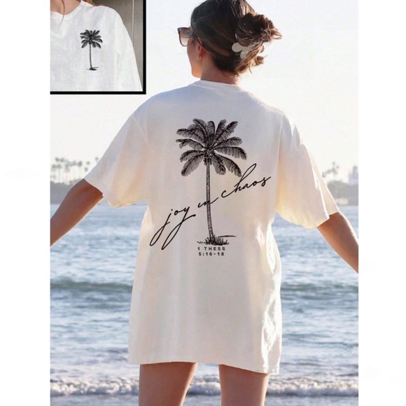White Oversized Tee Crewneck Short Sleeve Printed Palm Tree - Picture 3 of 8